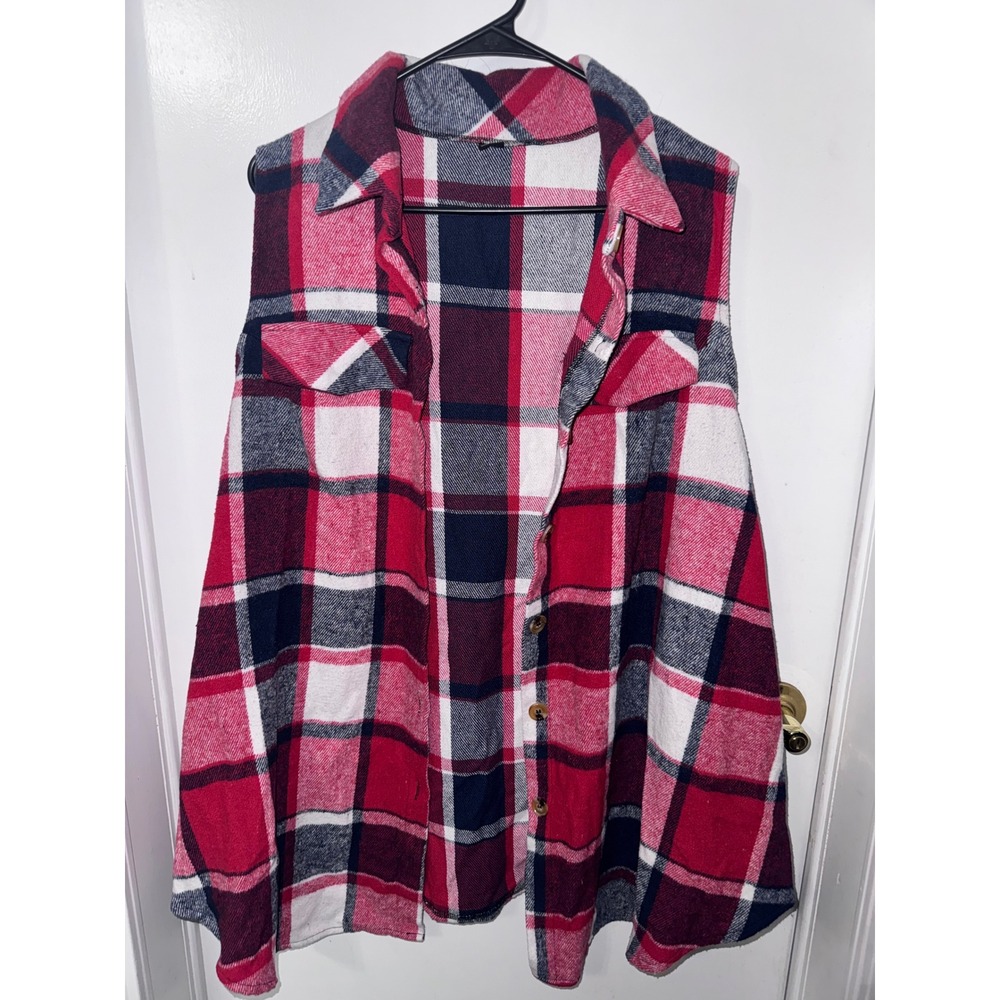 SHEIN Curve Plaid Button Down Vest Red White Blue Flannel Sleeveless 1XL